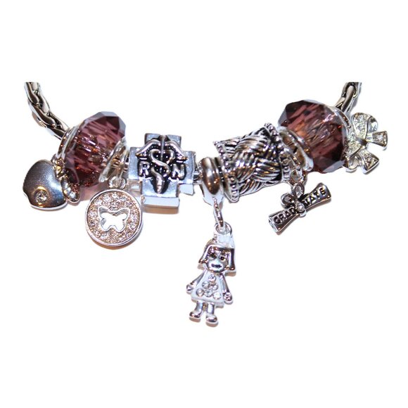DaVinci Charm Bracelet 7" 9 Beads - RN Nurse Nursing School Diploma Silver CZ - Picture 1 of 4